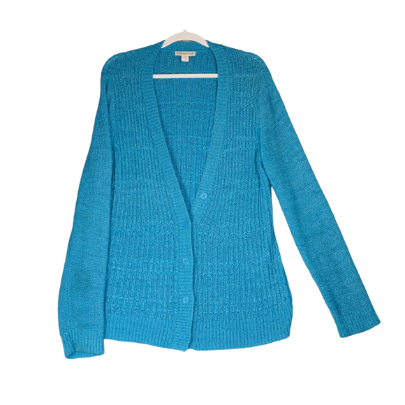 Coldwater Creek Cardigan Sweater Womens Large 14 Teal Blue Cable Knit Longer - Picture 4 of 13